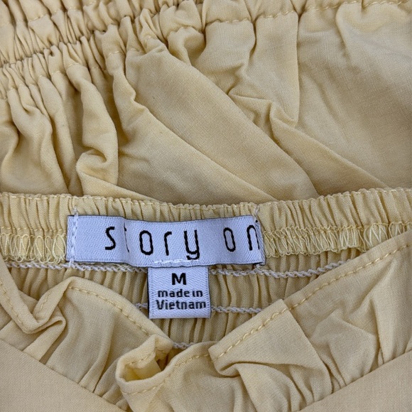 Story On Yellow Ruffle Lace-Up Puff Sleeve Crop Top & Ruched Mini Skirt Set, M - Picture 2 of 10